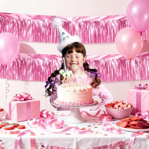 Pink Party Streamers Table Skirt Tinsel 3 Packs 36 Feet Metallic Foil Fringe Garland Wall Ceiling Hanging Fringe, alternate