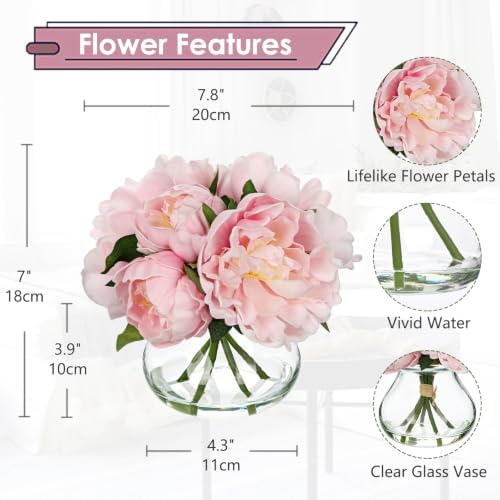 Pink Peonies Artificial Flowers with Glass Vase Medium 7.8inch Faux Peonies Look Real Peony Fake Flowers Silk, alternate view