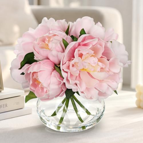 Pink Peonies Artificial Flowers with Glass Vase Medium 7.8inch Faux Peonies Look Real Peony Fake Flowers Silk, alternate view