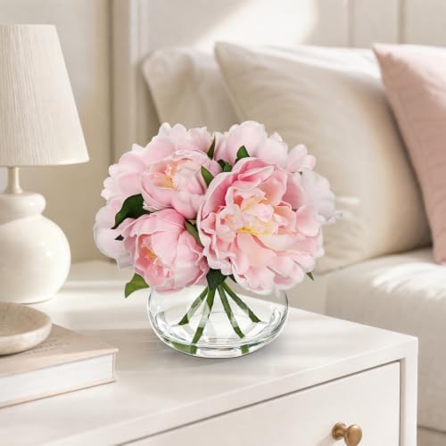 Pink Peonies Artificial Flowers with Glass Vase Medium 7.8inch Faux Peonies Look Real Peony Fake Flowers Silk, alternate view
