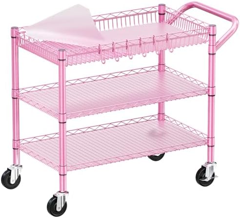 Pink Rolling Utility Cart with Wheels, 990Lbs Heavy Duty Metal Cart with Handle & Shelf Liners, NSF Certified