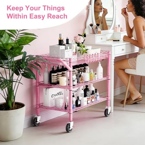 Pink Rolling Utility Cart with Wheels, 990Lbs Heavy Duty Metal Cart with Handle & Shelf Liners, NSF Certified, alternate view