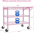 Pink Rolling Utility Cart with Wheels, 990Lbs Heavy Duty Metal Cart with Handle & Shelf Liners, NSF Certified, alternate view