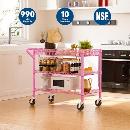Pink Rolling Utility Cart with Wheels, 990Lbs Heavy Duty Metal Cart with Handle & Shelf Liners, NSF Certified, alternate view