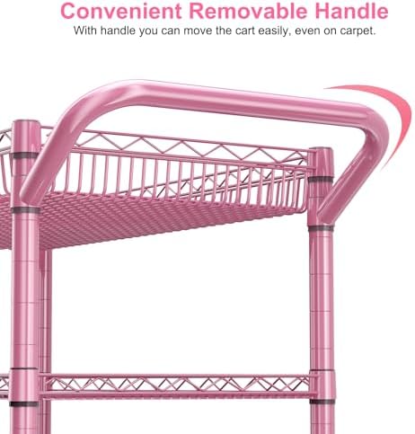 Pink Rolling Utility Cart with Wheels, 990Lbs Heavy Duty Metal Cart with Handle & Shelf Liners, NSF Certified, alternate view