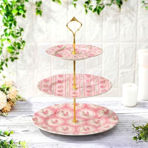 Pink Rose 3 Tier Cake Stand Ceramic Tiered Serving Tray in Pink