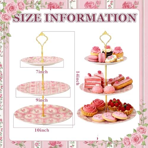 Pink Rose 3 Tier Cake Stand Ceramic Tiered Serving Tray in Pink, alternate view 2