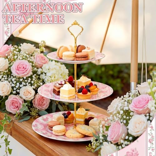 Pink Rose 3 Tier Cake Stand Ceramic Tiered Serving Tray in Pink, alternate view 3