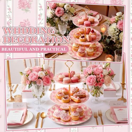 Pink Rose 3 Tier Cake Stand Ceramic Tiered Serving Tray in Pink, alternate view 4