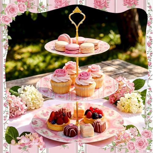 Pink Rose 3 Tier Cake Stand Ceramic Tiered Serving Tray in Pink, alternate view 5