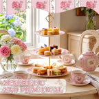 Pink Rose 3 Tier Cake Stand Ceramic Tiered Serving Tray in Pink, alternate view 6
