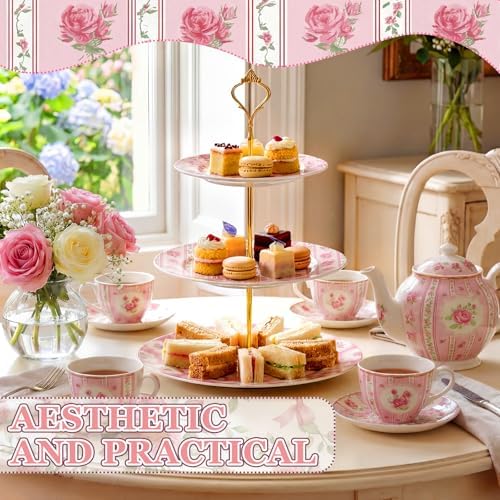 Pink Rose 3 Tier Cake Stand Ceramic Tiered Serving Tray in Pink, alternate view 6