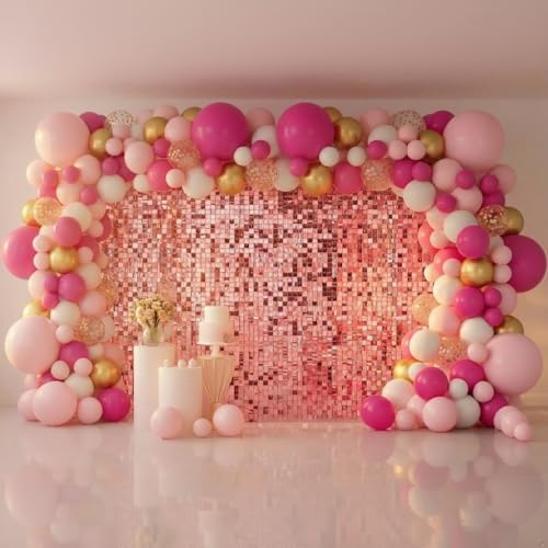 Pink Shimmer Wall Backdrop 48 Panels Cover 6 x 8 Ft, Photo Backdrops for Wedding, Anniversary, Birthday, Party