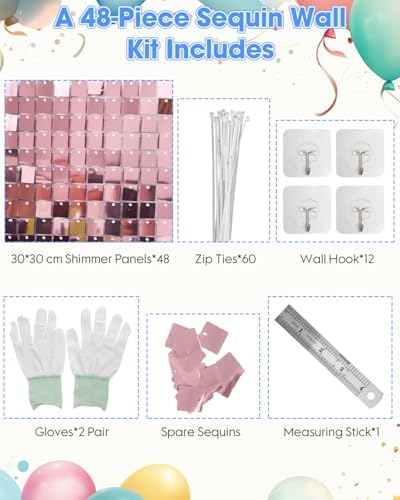 Pink Shimmer Wall Backdrop 48 Panels Cover 6 x 8 Ft, Photo Backdrops for Wedding, Anniversary, Birthday, Party, alternate