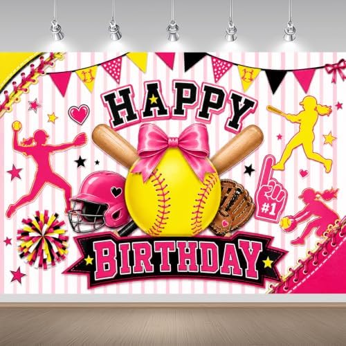 Pink Softball Happy Birthday Backdrop 7x5FT, Sports Theme Photography Background with Bow Star, Girls Kids Teens