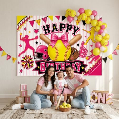 Pink Softball Happy Birthday Backdrop 7x5FT, Sports Theme Photography Background with Bow Star, Girls Kids Teens, alternate