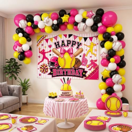 Pink Softball Happy Birthday Backdrop 7x5FT, Sports Theme Photography Background with Bow Star, Girls Kids Teens, alternate