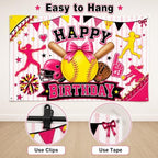 Pink Softball Happy Birthday Backdrop 7x5FT, Sports Theme Photography Background with Bow Star, Girls Kids Teens, alternate