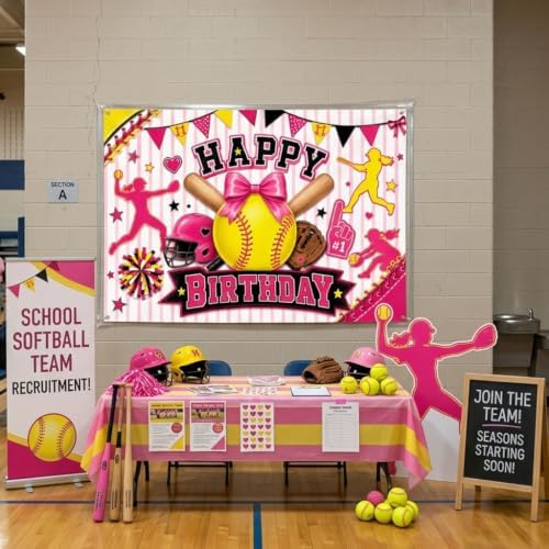 Pink Softball Happy Birthday Backdrop 7x5FT, Sports Theme Photography Background with Bow Star, Girls Kids Teens, alternate