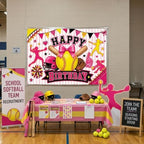 Pink Softball Happy Birthday Backdrop 7x5FT, Sports Theme Photography Background with Bow Star, Girls Kids Teens, alternate
