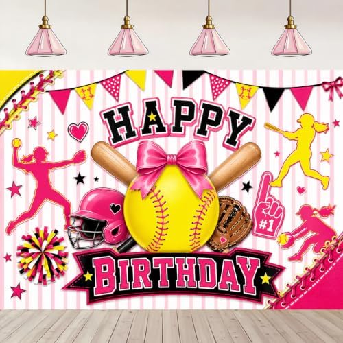 Pink Softball Happy Birthday Backdrop 7x5FT, Sports Theme Photography Background with Bow Star, Girls Kids Teens, alternate