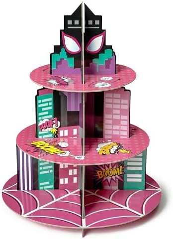 Pink Spider Cupcake Stand - 3 Tier Pink Spider Party Dessert Holder Spiders Theme Cardboard Cake Stand for