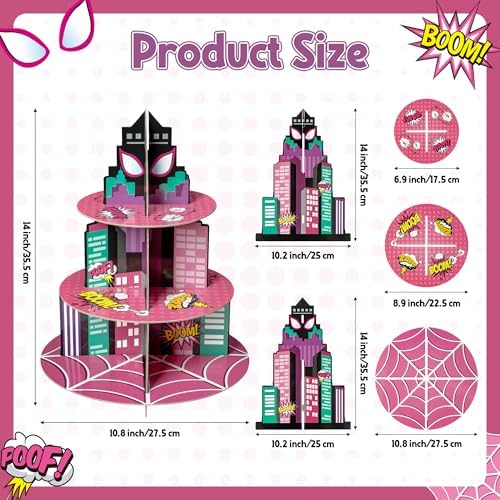 Pink Spider Cupcake Stand - 3 Tier Pink Spider Party Dessert Holder Spiders Theme Cardboard Cake Stand for, alternate view 3