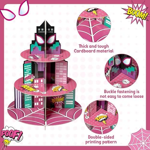 Pink Spider Cupcake Stand - 3 Tier Pink Spider Party Dessert Holder Spiders Theme Cardboard Cake Stand for, alternate view 4