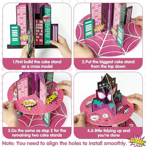 Pink Spider Cupcake Stand - 3 Tier Pink Spider Party Dessert Holder Spiders Theme Cardboard Cake Stand for, alternate view 5