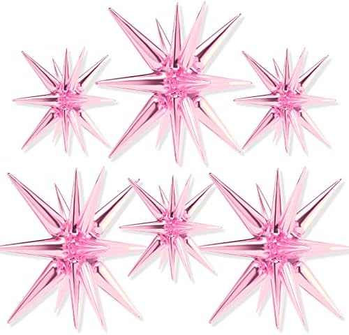 Pink Star Spike Balloons 6pcs Explosion Foil Mylar Balloons in 6 PCS - 27&22 Inch in Pink