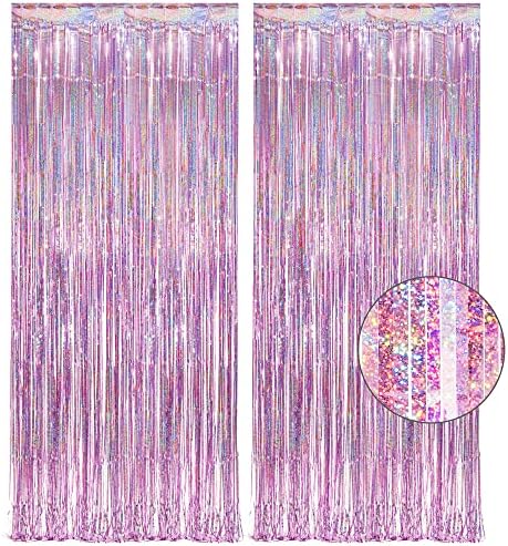 Pink Tinsel Curtain Party Backdrop - Foil Fringe Curtain Lilac Pink Party Streamers for Princess Theme Party
