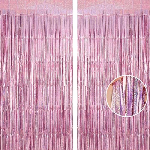Pink Tinsel Foil Fringe Curtain Backdrop, 3.3 x 8.2 ft Metallic Glitter Curtain Streamers, 2 Pack Pink Photoboth