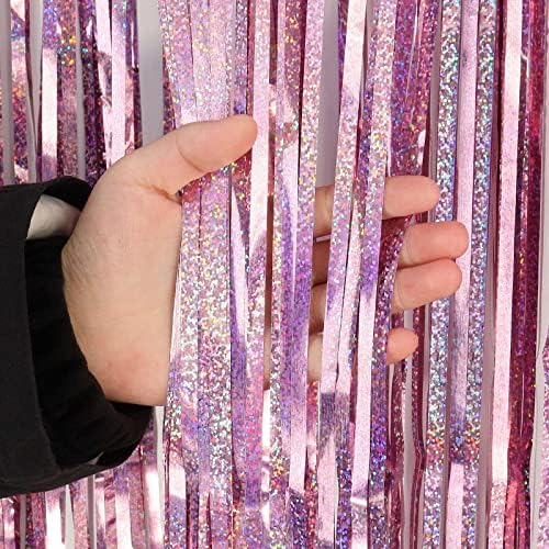 Pink Tinsel Foil Fringe Curtain Backdrop, 3.3 x 8.2 ft Metallic Glitter Curtain Streamers, 2 Pack Pink Photoboth, alternate