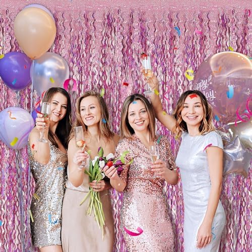 Pink Tinsel Foil Fringe Curtains Wavy Backdrop for Parties Sparkle Metallic Wavy Foil Fringe Backdrop Curtain, alternate view