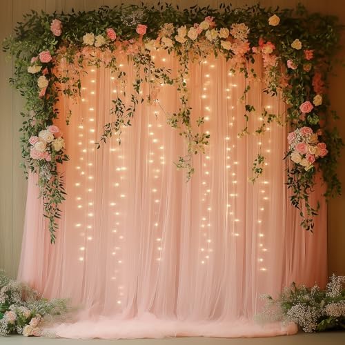 Pink Tulle Backdrop Curtain with Lights for Decor, 10x10FT in 10x10FT