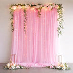Pink Tulle Backdrop Curtain with String Lights, 2 Panels 5×8FT Sheer Wrinkle-Free Pink Backdrop Drapes for