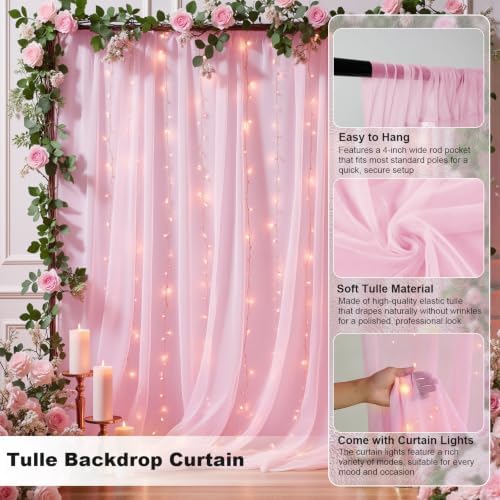 Pink Tulle Backdrop Curtain with String Lights, 2 Panels 5×8FT Sheer Wrinkle-Free Pink Backdrop Drapes for, alternate view 2