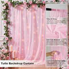 Pink Tulle Backdrop Curtain with String Lights, 2 Panels 5×8FT Sheer Wrinkle-Free Pink Backdrop Drapes for, alternate view 2