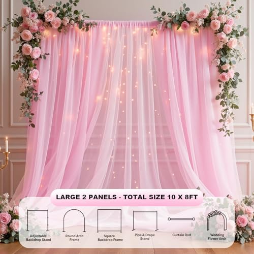 Pink Tulle Backdrop Curtain with String Lights, 2 Panels 5×8FT Sheer Wrinkle-Free Pink Backdrop Drapes for, alternate view 3