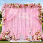 Pink Tulle Backdrop Curtain with String Lights, 2 Panels 5×8FT Sheer Wrinkle-Free Pink Backdrop Drapes for, alternate view 5