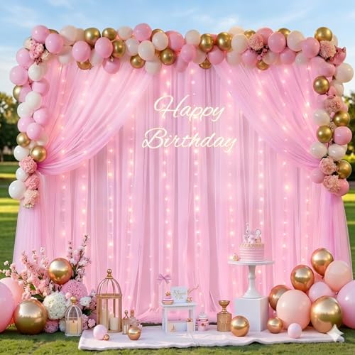 Pink Tulle Backdrop Curtain with String Lights, 2 Panels 5×8FT Sheer Wrinkle-Free Pink Backdrop Drapes for, alternate view 5