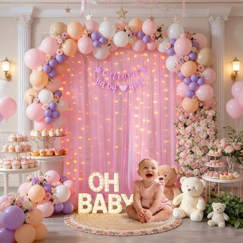 Pink Tulle Backdrop Curtain with String Lights, 2 Panels 5×8FT Sheer Wrinkle-Free Pink Backdrop Drapes for, alternate view 6