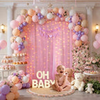 Pink Tulle Backdrop Curtain with String Lights, 2 Panels 5×8FT Sheer Wrinkle-Free Pink Backdrop Drapes for, alternate view 6