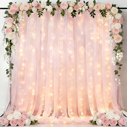 Pink Tulle Backdrop Curtains with Lights String for Party in Pink