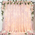 Pink Tulle Backdrop Curtains with Lights String for Party in Pink