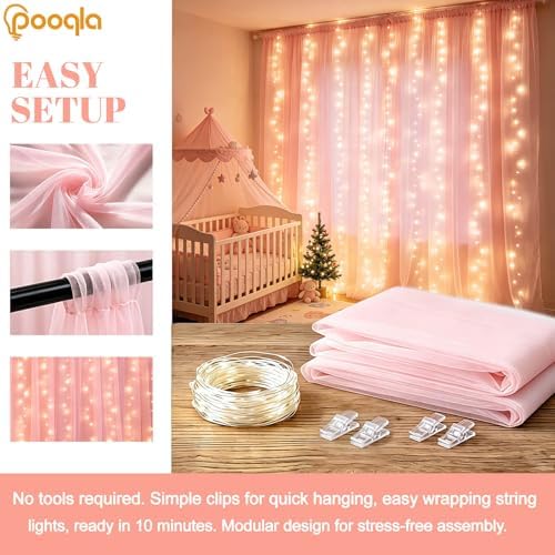 Pink Tulle Backdrop Curtains with Lights String for Party in Pink, alternate view 2