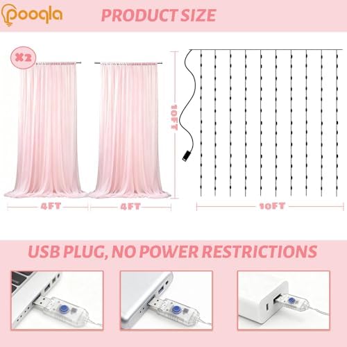 Pink Tulle Backdrop Curtains with Lights String for Party in Pink, alternate view 4
