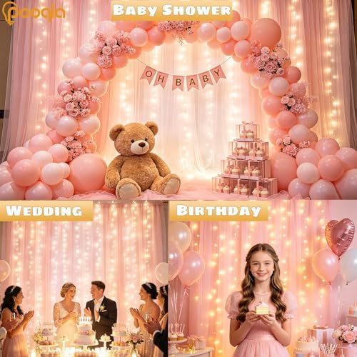 Pink Tulle Backdrop Curtains with Lights String for Party in Pink, alternate view 7