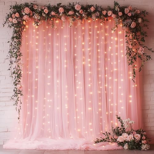 Pink Tulle Backdrop with Fairy Lights for Parites Wrinkle-Free Sheer Curtain Drapes Photo Back Drop for Wedding