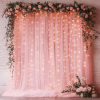 Pink Tulle Backdrop with Fairy Lights for Parites Wrinkle-Free Sheer Curtain Drapes Photo Back Drop for Wedding